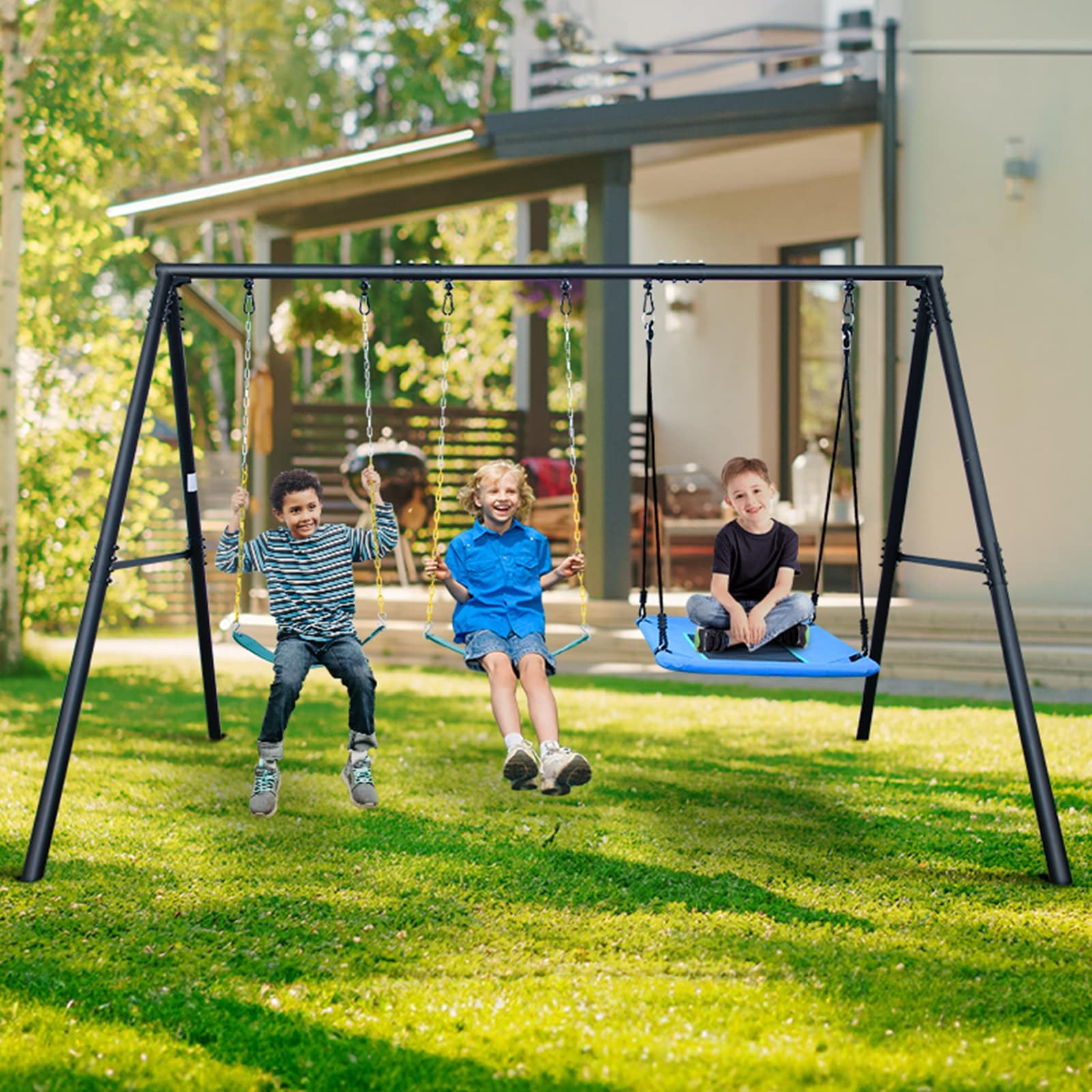 Outsunny 3 in 1 Kids Swing Set w/ Monkey Bar Rings Glider and