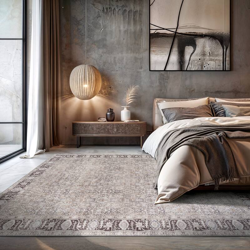 Beige Vintage Washable Rug - Low Pile, Subtle Pattern for Neutral Spaces