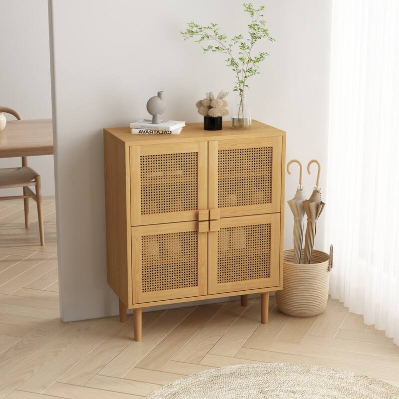 4-Doors Rattan Mesh Storage Cabinet Sideboard with Eight Storage Spaces