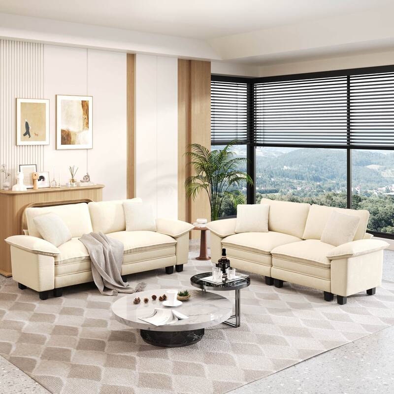 MAISON ARTS 2-Piece Chenille & Corduroy Sofa Set, Comfy 3/4/5-Seater Modular Loveseat & Armchair with Throw Pillows - Beige Chenille(4 Pieces) - Left Facing