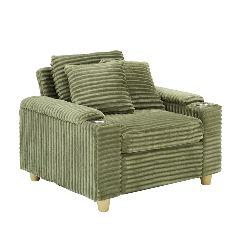 Corduroy Accent Chair & Storage Ottoman Set of 2, Single Sofa Armchair Lounge Chair with Pillows & Cup Holders