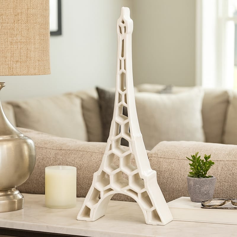 Ceramic Decorative Object Honeycomb Eiffel Tower - 14" Ivory - 5" x 3" x 14"