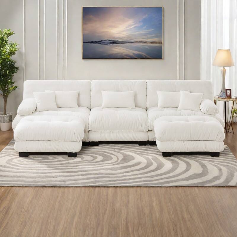 133.8" Chenille Modular 3-Seater U-Shaped Cloud Sectional Sofa with 2 Ottomans - White