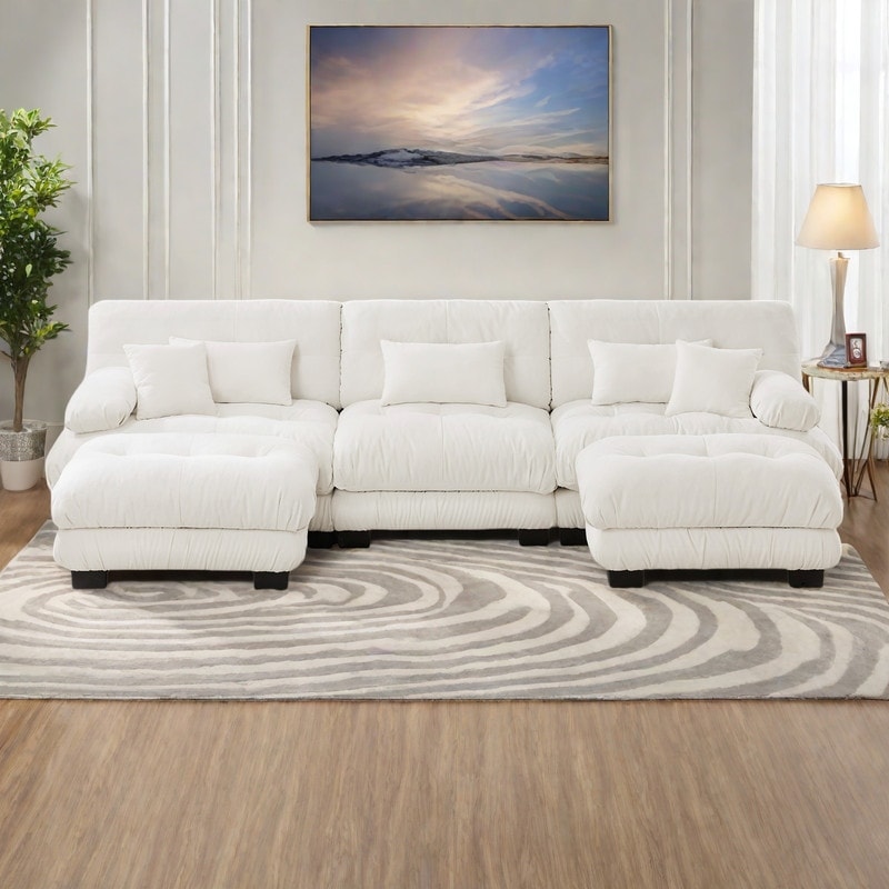 133.8" Chenille Modular 3-Seater U-Shaped Cloud Sectional Sofa with 2 Ottomans