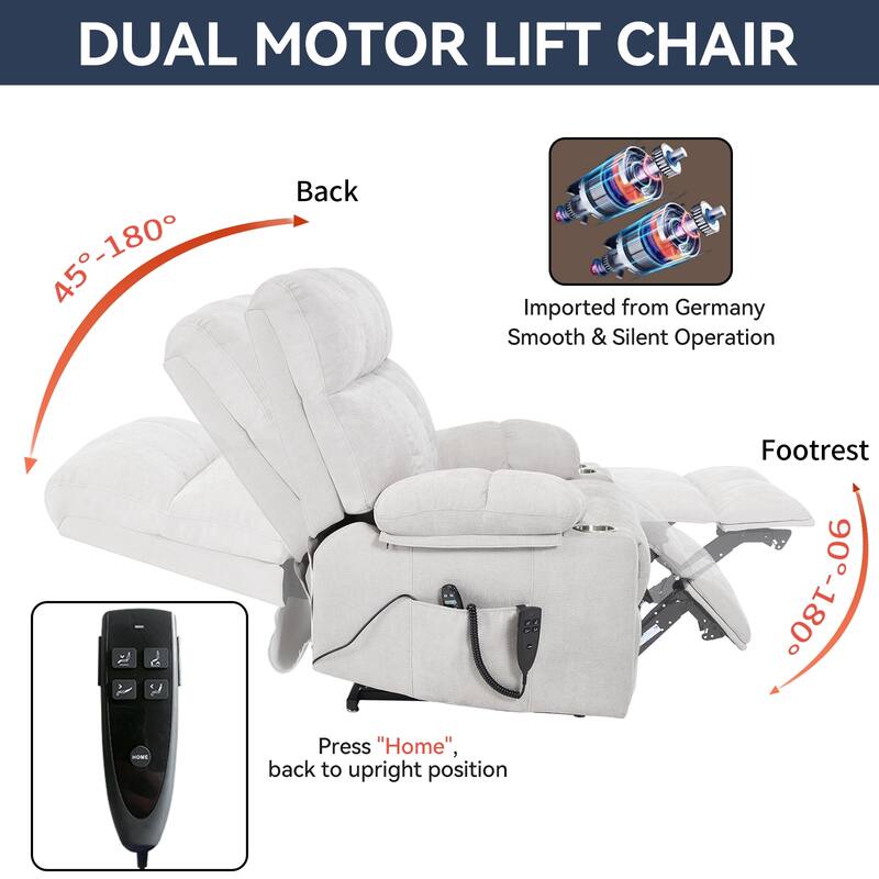 Dual Motor Infinite Position Power Lift Recliner, with 8-Point Vibration Massage and Lumbar Heating,Dual Cup Holders