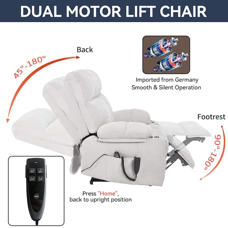 Lazy Boy Dual Motor Chenille Power Lift Recliner w/Massage and Lumbar Heating, Dual Cup Holders, Grey-Blue
