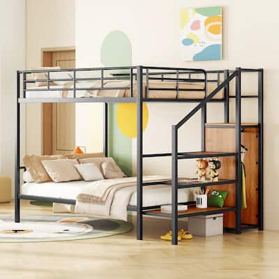 Black Full over Full Size Metal Bunk Bed with Storage Ladder & Wardrobe