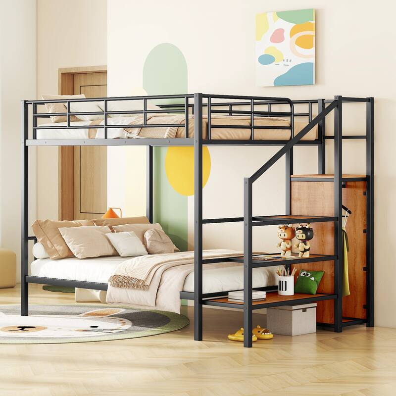 Full Over Full Metal Bunk Bed with Lateral Storage Ladder, Wardrobe, and Chrome Finish - Space-Saving Design - Black