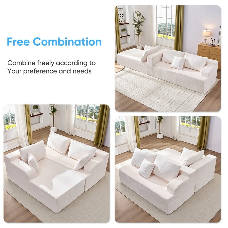 Mixoy 2-Pcs Free Combination Modular Sectional Sofas with Deep Seat,Corduroy L-Shaped Sofa with Chaise Lounge - 3-Seater