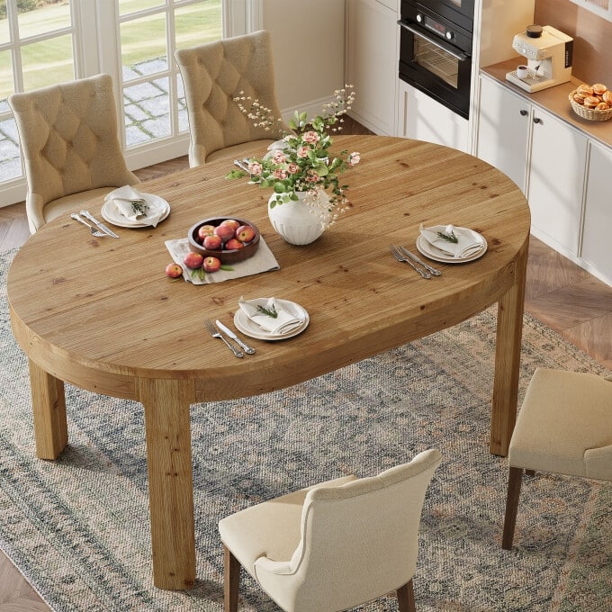 55.11" Solid Wood Oval Dining Table, Rustic Kitchen Table for 4-6