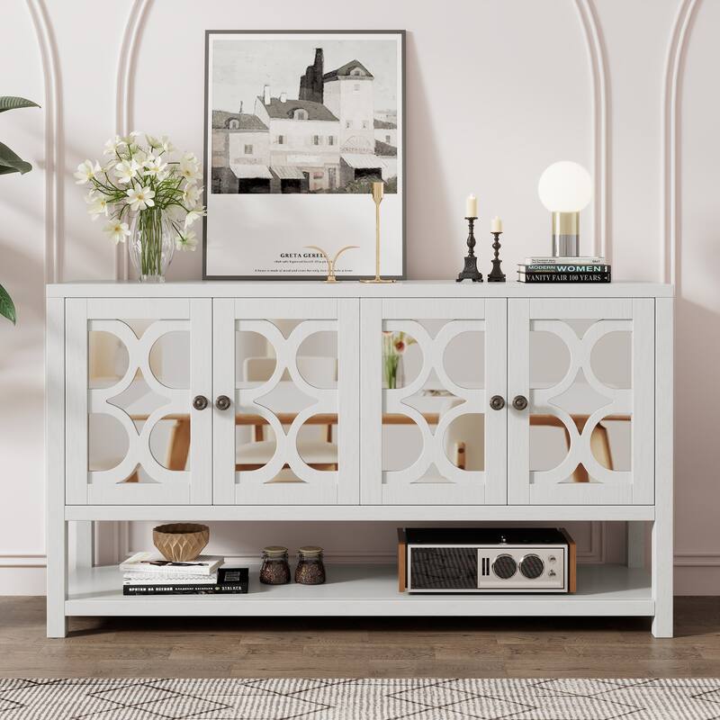 Antique White Sideboard Storage Cabinet with Mirrored Doors & Open Storage Shelf, Console Table Display Case for Living Room