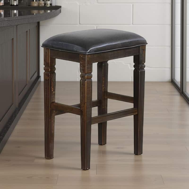 Flint Barstool, Set of 2, Backless, Plush Black Vinyl Seat, Dark Brown Mahogany