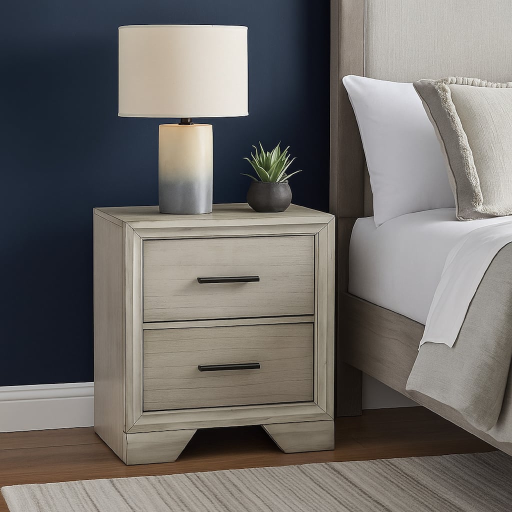Jeni Nightstand, 2 Drawers, Chrome Handles, Rustic White Mist