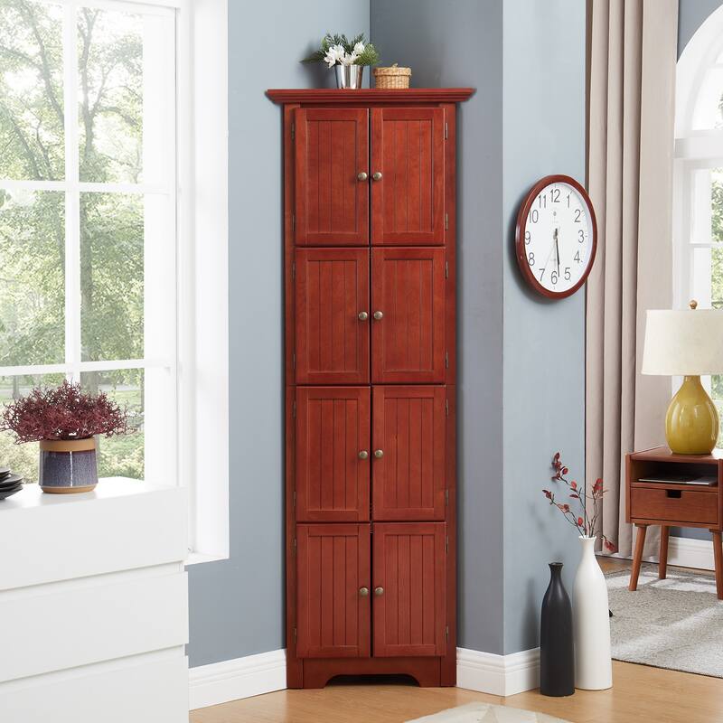 72" 4-Tier Cherry Corner Kitchen Pantry: 8 Doors, Adjustable Shelves - Tall Storage for Bathroom, Living Room, Farmhouse Style