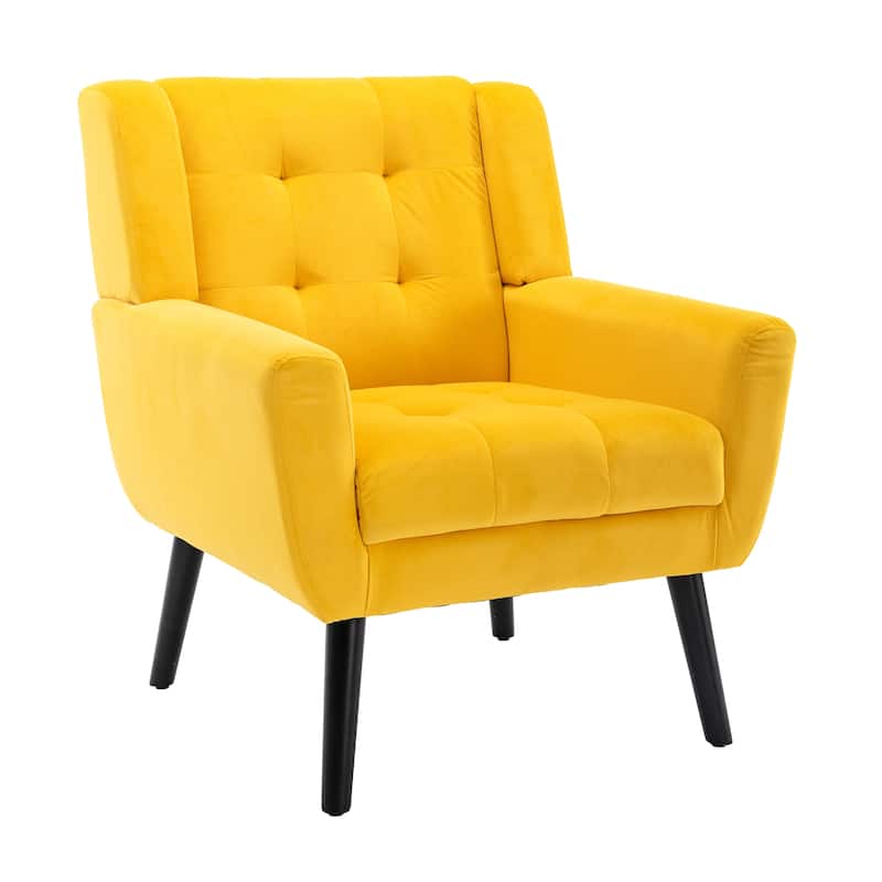 Yellow Velvet Modern 29.53" Upholstered Buttons Tufted Accent Chair with Black Solid Wood Legs