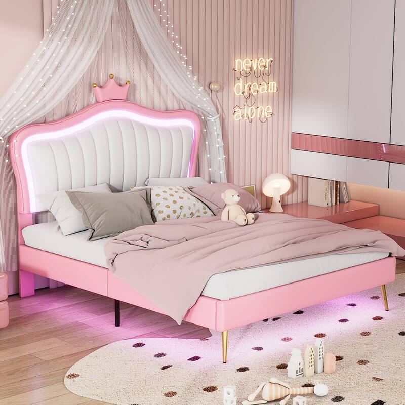 Queen Size Upholstered Bed Frame with LED Lights,Modern Upholstered