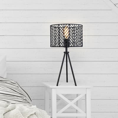 Roisin River of Goods Black Metal Cage-Shade 18.5-Inch Tripod-Base Accent Lamp - 10.125" x 10.125" x 18.5"