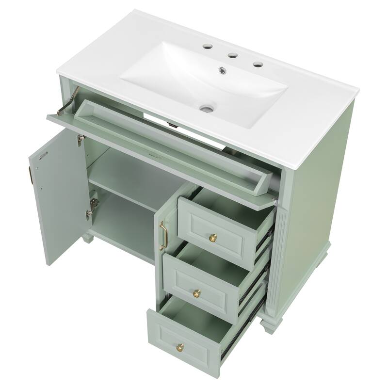 36" Bathroom Vanity with Sink - Solid Wood Cabinet with Flip Drawer, 3 Drawers & 2 Doors, Gold Handles, Modern Vanity