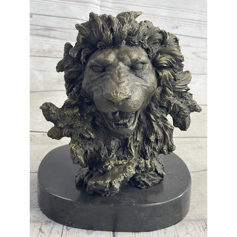 Roaring Imitative Lions Head Imitative Lion Bust Bronze Sculpture Statue Figure Marble Base 9 Inches X 7 Inches