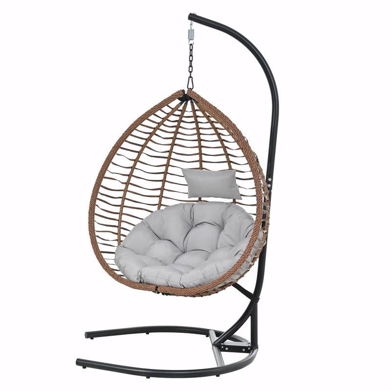 Indoor Outdoor Hanging Hammock Chair with Stand, Foldable Rattan Egg Swing Chair with Cushion & Headrest