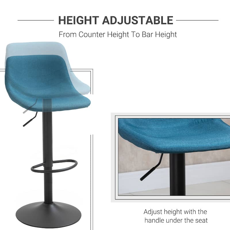 Set of 2 Adjustable Blue Bar Stools with Swivel Seat and Cushioned Back for Comfortable Seating