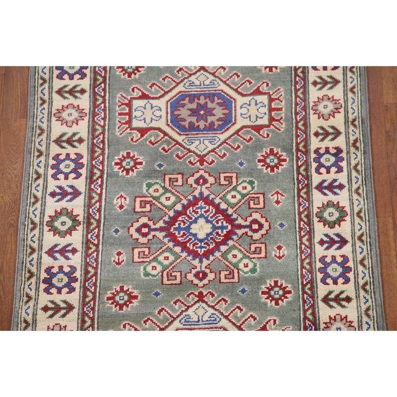 Hand Knotted Oriental 100% Wool Carpet Traditional Geometric Green Kazak Area Rug - 6' 3'' X 2' 9''