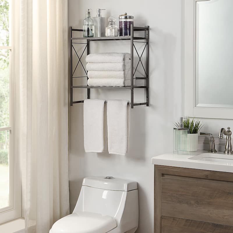 2 Tier Shelf with Towel Bar - Brown