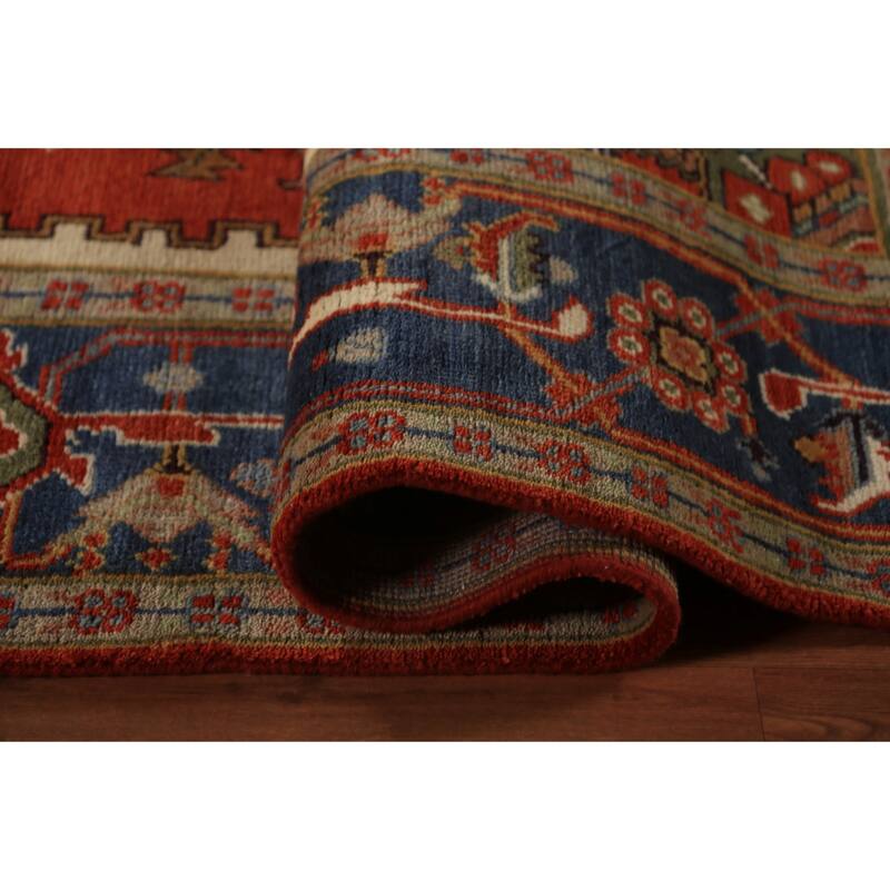 Heriz Serapi Indian Rug Hand-Knotted Medallion Orange Wool Carpet - 9'0"x 11'11"