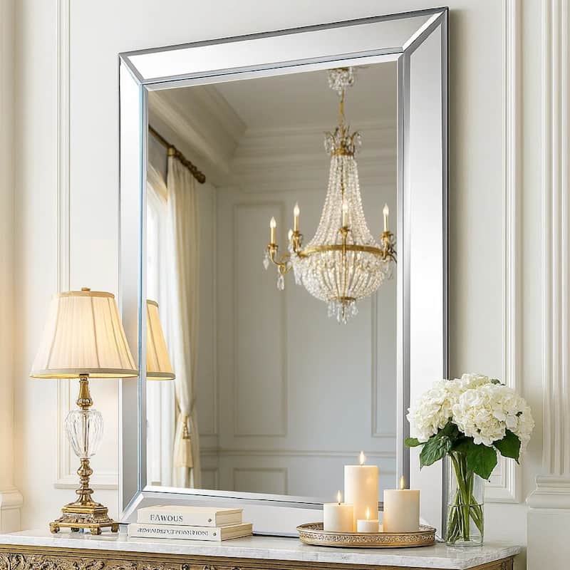 39 Inch Wood Mirror, Mirrored Frame, Beveled Panels, Silver