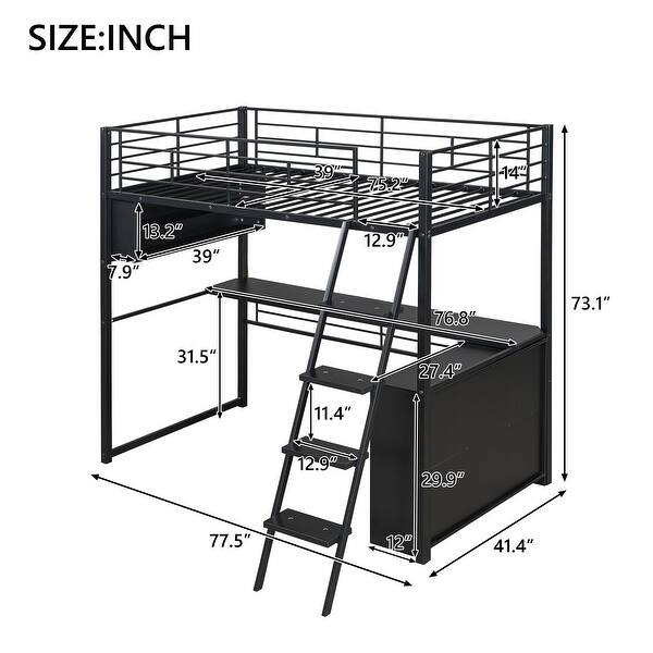 Metal Twin Size Loft Bed w/Desk & Stairs, Heavy Duty Loft Bed Frame w/LED Lights, Loft Bed Twin Size w/Storage Shelves for Kids