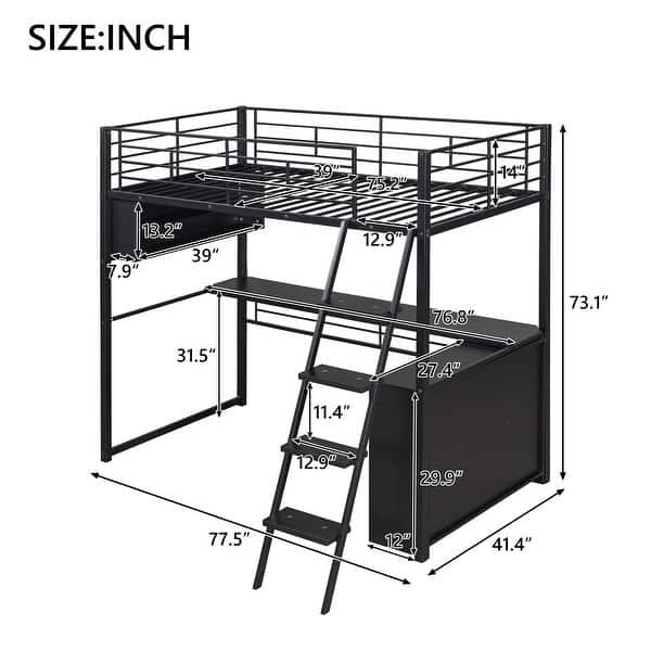 dimension image slide 1 of 2, Modern Loft Bed with LED Design, Desk and 4 Storage Shelves, Space-Saving Metal Loft Bed Frame with Full-Length Guardrails