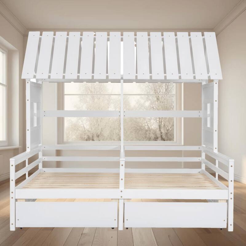 Twin Size House Platform Bed Frame with 2 Storage Drawers, Fun Bunk Bed with Roof and Window for Boys and Girls Bedrooms - White - Twin