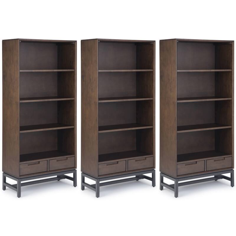 Simpli Home Banting 30 inch Solid Wood Bookcase 3-piece Set in Walnut Brown - 30"W x 14"D x 66"H
