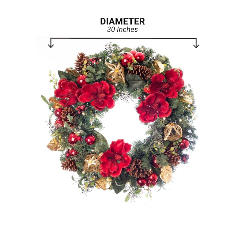30 in. Lighted Christmas Wreath - Red Magnolia