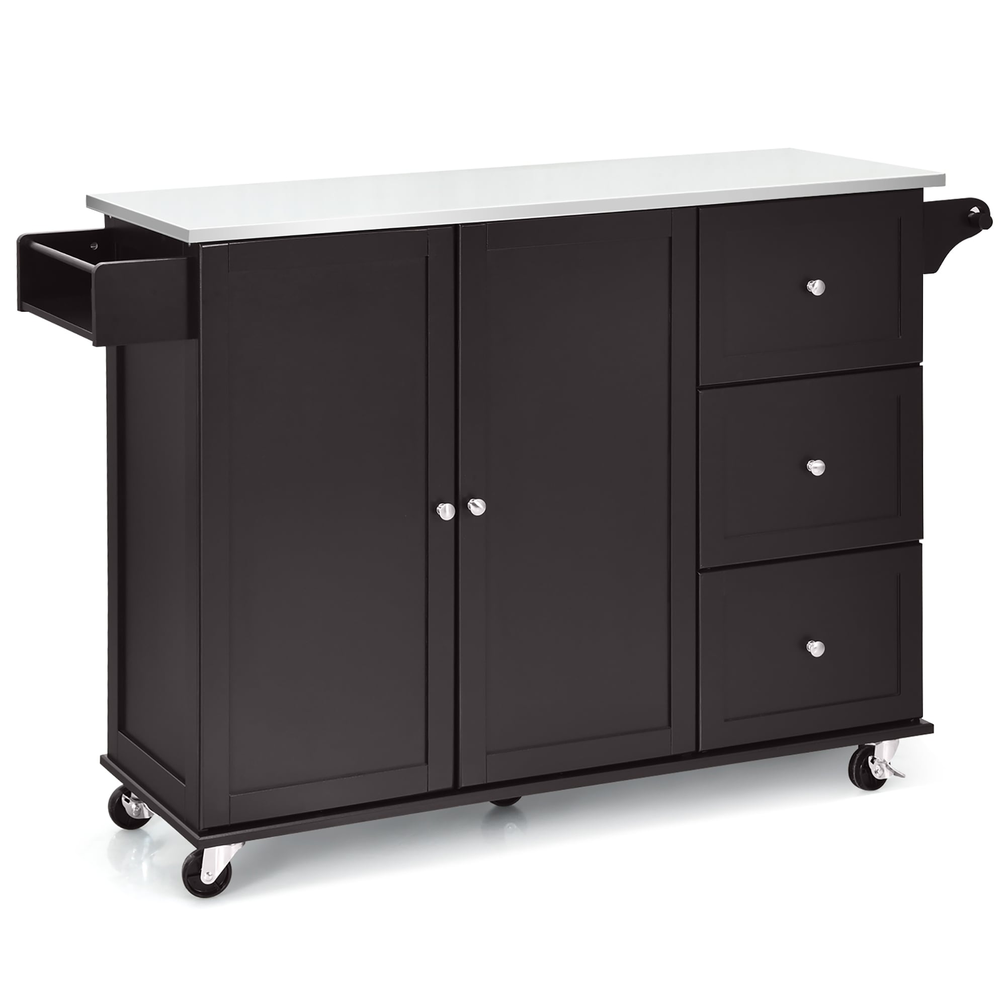 Kitchen Island 2-Door Storage Cabinet with Drawers and Stainless Steel Top  - Costway
