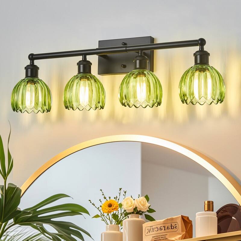 Modern Vintage Bathroom Vanity Light - Patterned Glass Shade E26 Bulb Base - 4-Lights - Green