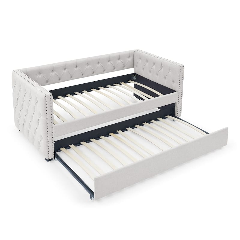 Beige Twin Size Upholstered Tufted Daybed with Button and Copper Nail on Square Arms for Bedroom