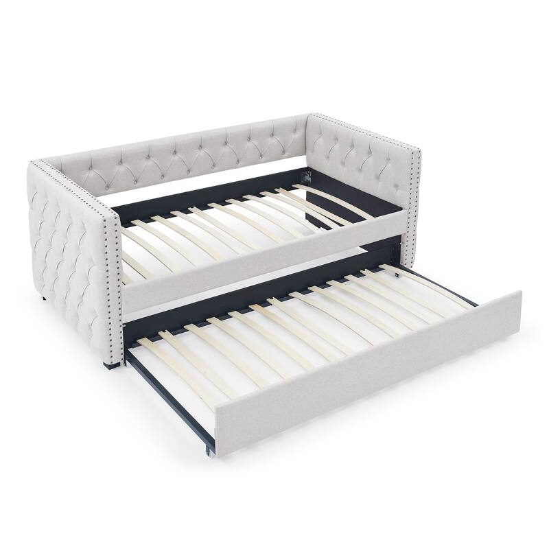 Tufted Daybed Upholstered Frame Sofa Bed with Button Copper Nail on Square Arms, and Pull-out Trundle Bed or Storage Drawers