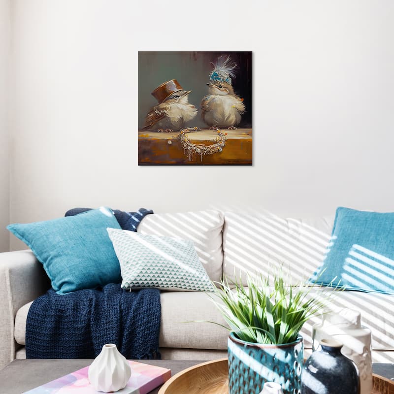 Wynwood Studio Canvas Animals Baby Chickens Trying On Jewelry Brown and Traditional Wall Art Canvas Print - Brown, Blue - 20 x 20
