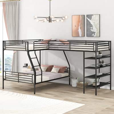 L-Shaped Metal Twin over Full Bunk Bed and Twin Size Loft Bed with Four Built-in Shelves