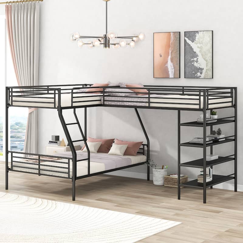 L-Shaped Twin over Full Bunk Bed with Twin Loft and Built-in Shelves, Black