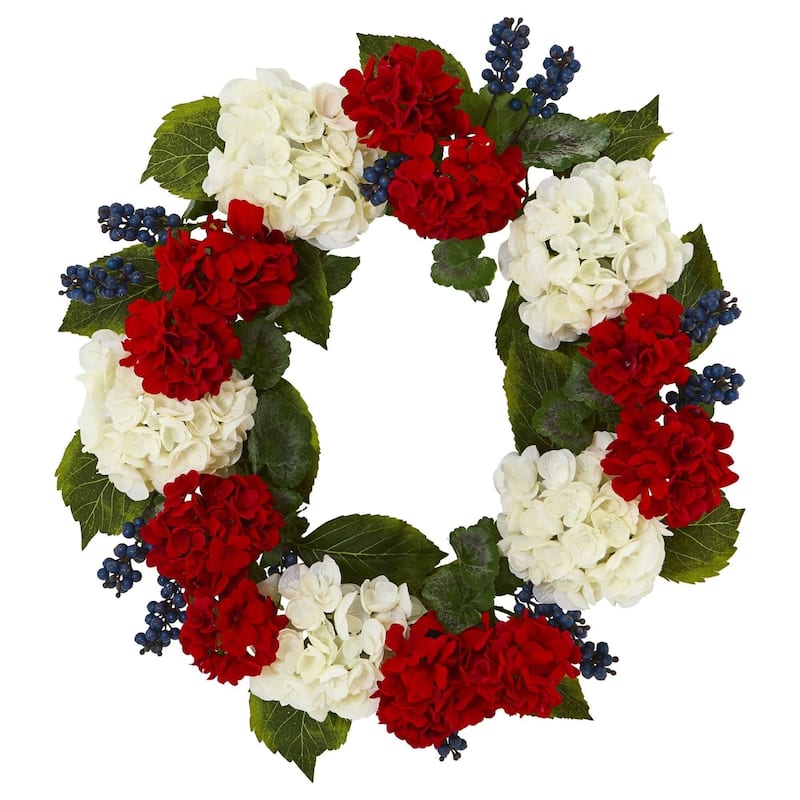 21" Geranium and Blue Berry Artificial Wreath - Green