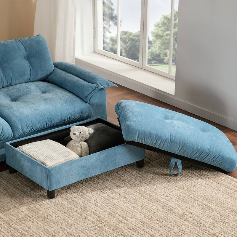 Chenille Tufted L-Shape Sectional Sofa with Storage Ottoman, Pockets and All-in-one Armrest with Dual-Port Charging, Cup Holder