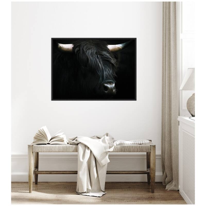 Kate and Laurel Sylvie Minimalist Black Highland Cow Framed Canvas by Michael Schauer