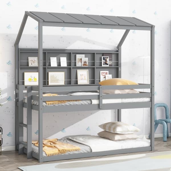 slide 2 of 12, Gray Twin over Twin Wood Low Bunk Bed with Roof and Shelves Gray