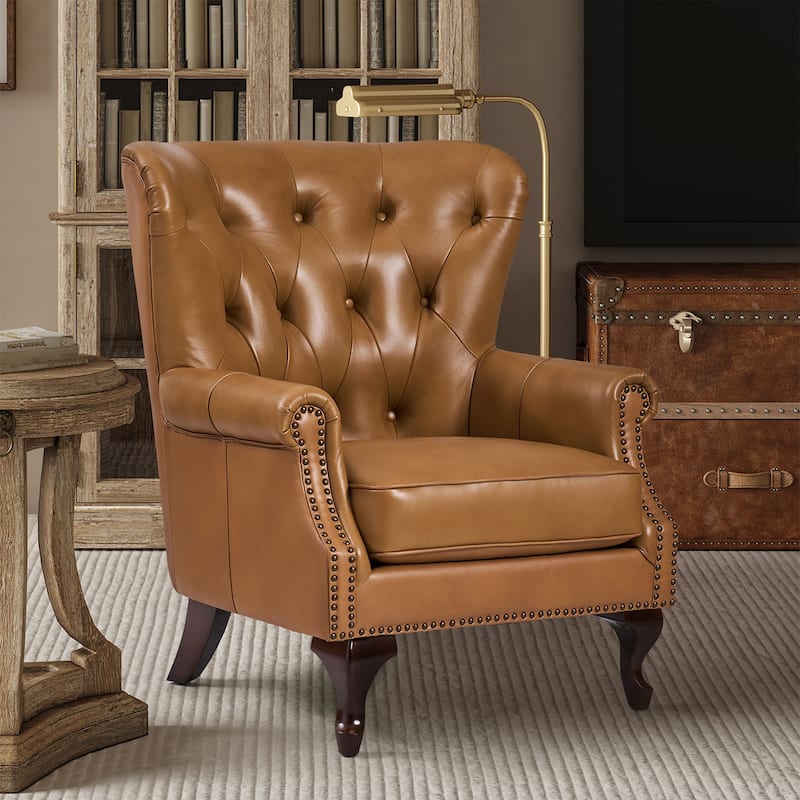 Gerhard Genuine Leather Armchair with Nailhead Trims and Removable Cushion by HULALA HOME