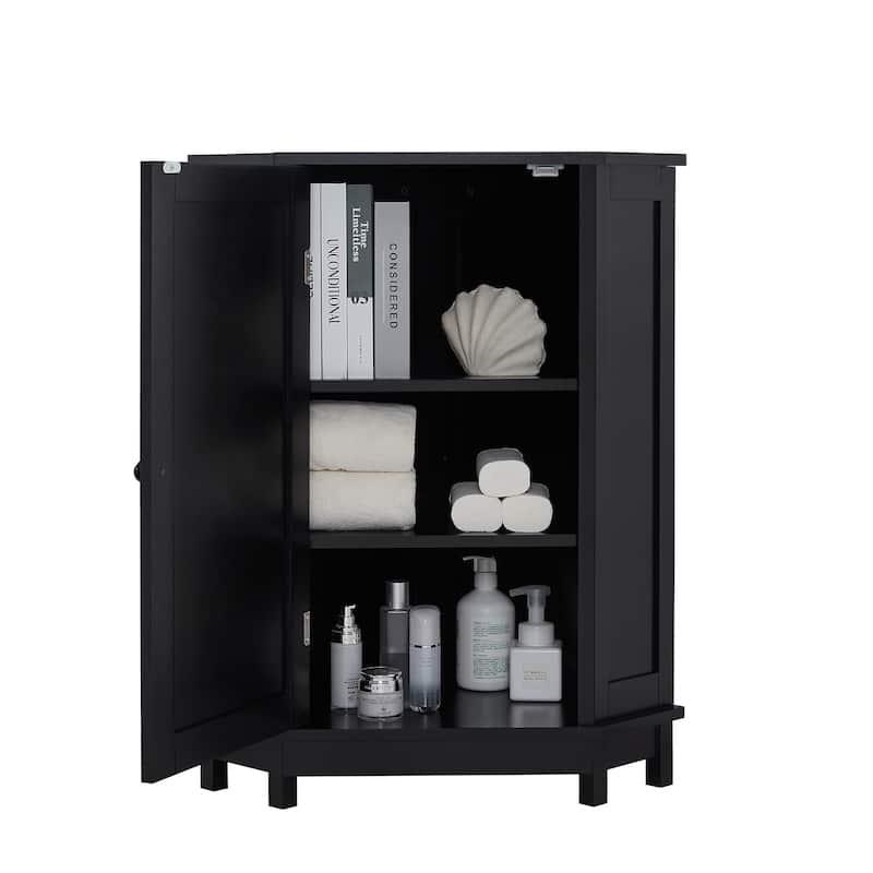 Roomfitters Triangle Corner Bathroom Cabinet, Modern MDF Storage Organizer with Adjustable Shelves and Wood, Black