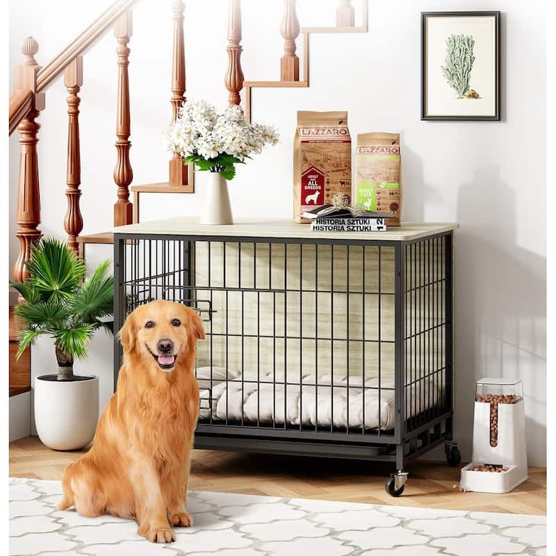Dog Crate Furniture, Removable Tray and Wheels - Gray & Black - 38.6"Lx25.6"W x 26.8"H
