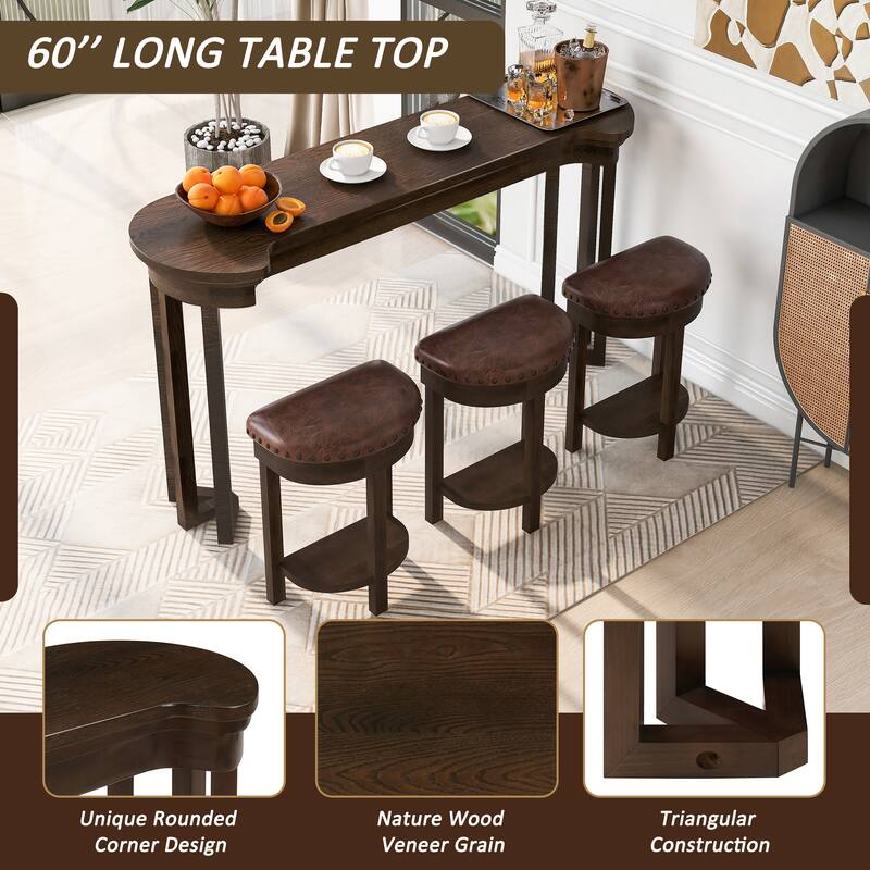 4 Piece Bar Table Set with 3 Bar Stools, Breakfast Table with 3 Padded Stools Solid Wood Counter Height Dining Table Set