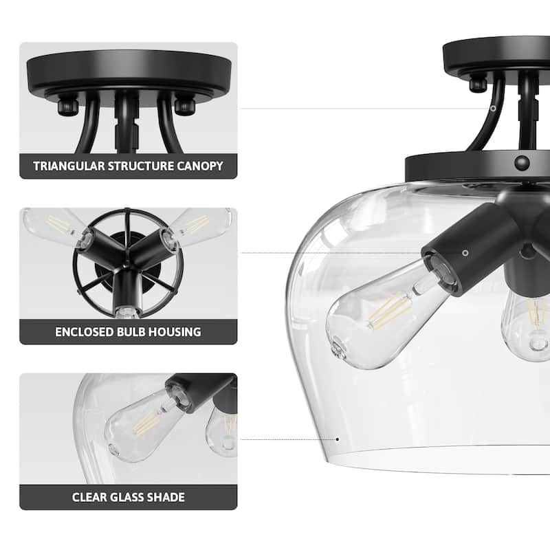 CO-Z 3-Light Matte Black Clear Glass Semi Flush Mount Ceiling Light